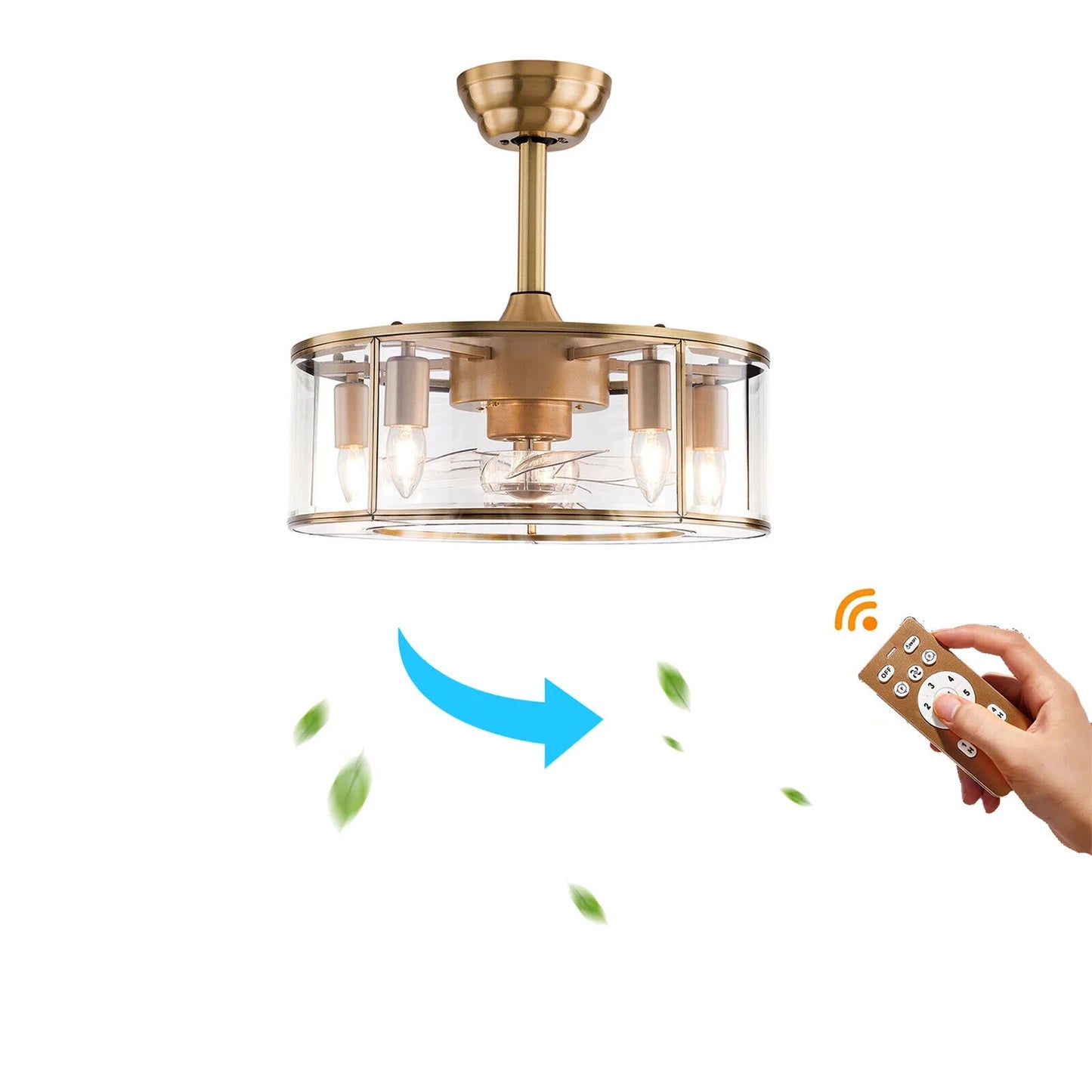 Caged Fandelier Ceiling Fan with Light, Golden Ceiling Fans with Remote Control & Noiseless 35db - Farmhouse Rustic Bladeless Ceiling Fans Chandelier Retro Lighting Fixture