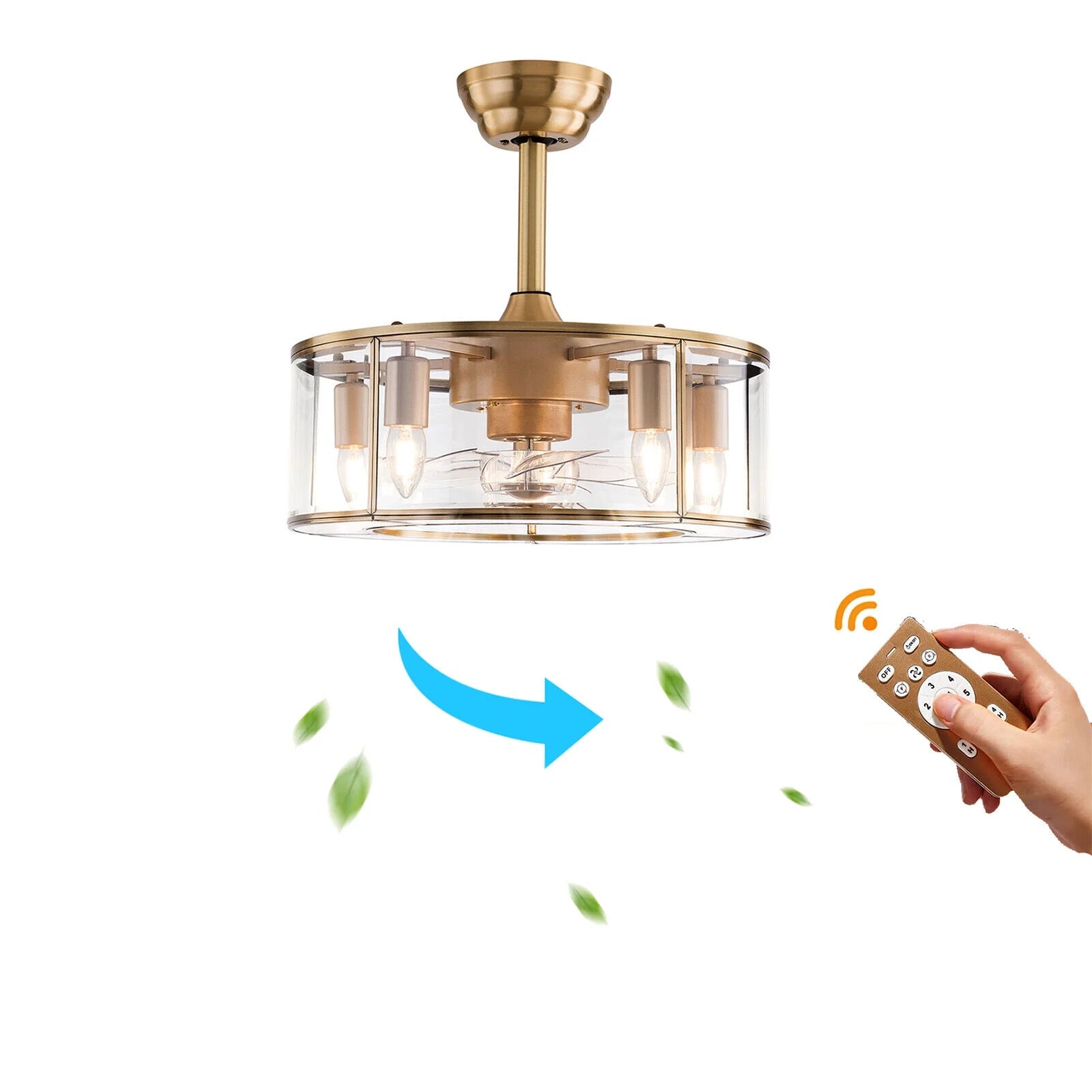 Caged Fandelier Ceiling Fan with Light, Golden Ceiling Fans with Remote Control & Noiseless 35db - Farmhouse Rustic Bladeless Ceiling Fans Chandelier Retro Lighting Fixture