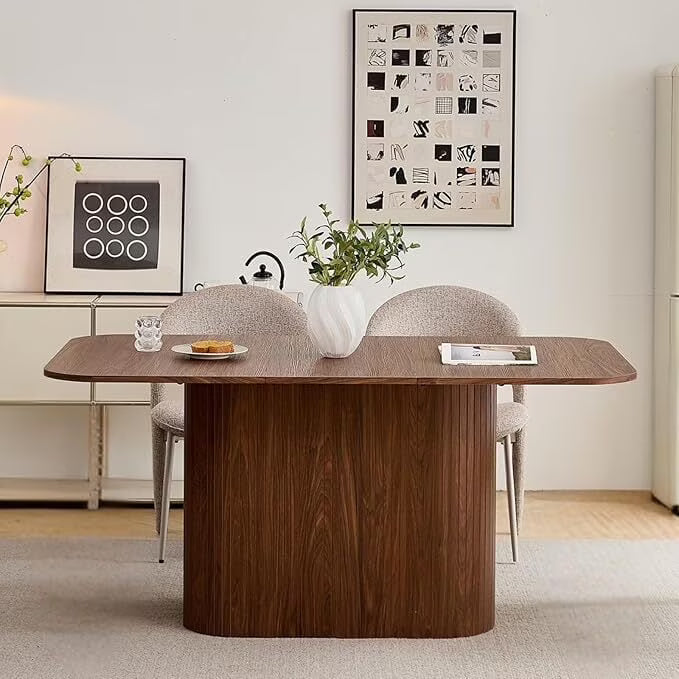 HJhomeheart 63" Rectangle Dining Table for 4 6 Person, Rounded Corners, Wood Strip Pedestal Base, Rustic Farmhouse Modern Breakfast Dinner Kitchen Table