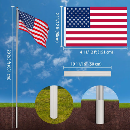 Yescom 20 Ft Aluminum Sectional Flagpole Kit 3'x5' US American Flag Gold Ball Kit Hardware Outdoor Garden Halyard Pole