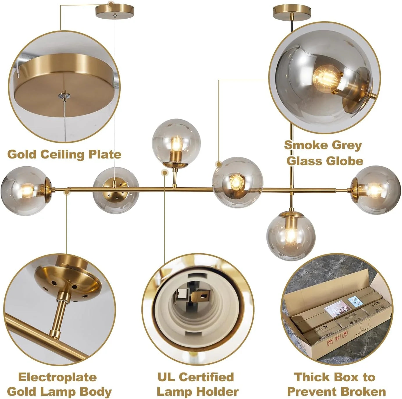 KCO Lighting 6-Light Smoke Glass Sputnik Chandelier Brass Gold Linear Pendant Lighting