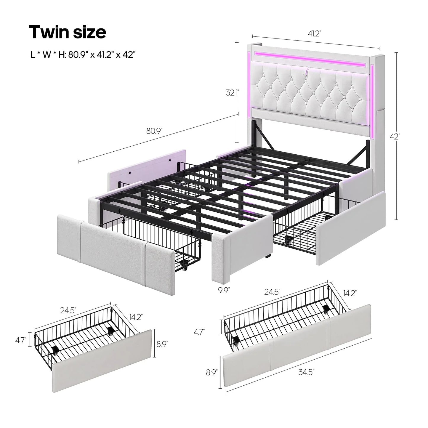 Platform Bed Twin Size with Storage Drawers and Headboard,, Twin Size Velvet Upholstered Bed with RGB Lighting and Power Outlet, No Box Spring Needed, Noise-Free, White