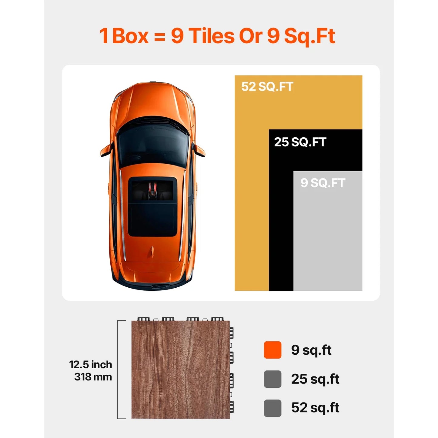 KFFKFF Interlocking Dance Floor Tiles, 12.4 x 12.4 in, 52-Piece Portable Flooring with Cushioned Base (Oak Wood Grain, Covers 52 sq. ft/Box)