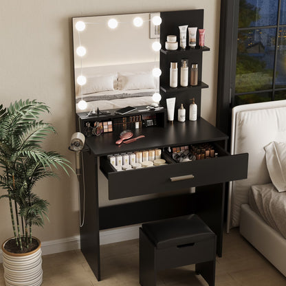 VEANERWOOD Makeup Vanity Table with Lighted Mirror & Power Strip, White Vanity Set with Large Storage, 3 Lighting Modes, 31.5 inch, White