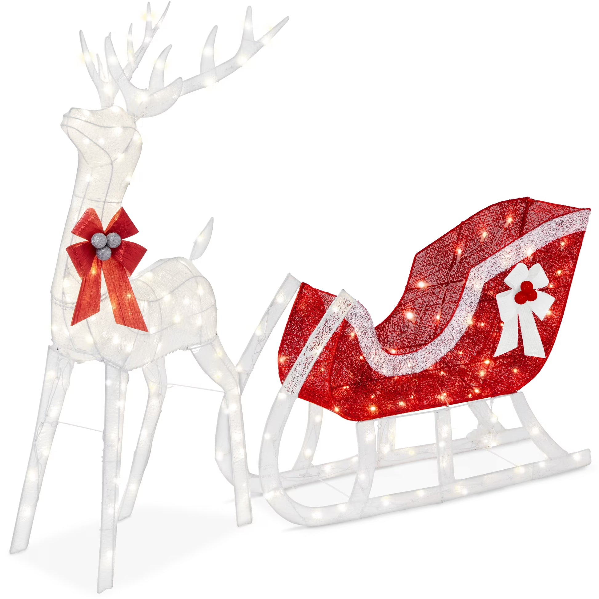 Best Choice Products Lighted Christmas 4ft Reindeer & Sleigh Holiday Outdoor Decor Set w/205 LED Lights, Stakes - Gold