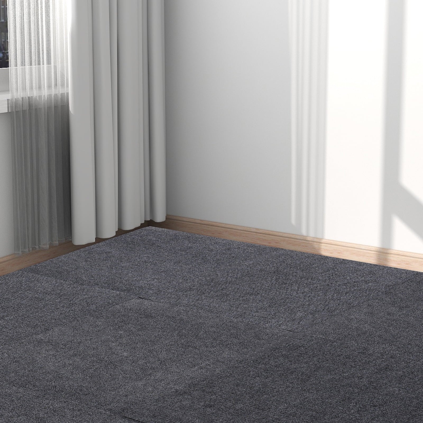 Dark Grey Carpet Tiles 24x24in, Low-Maintenance Polyester Fiber, Self-Adhesive 15-Pcs Set with Effortless Cleaning, Suitable for Hotels & Warehouses