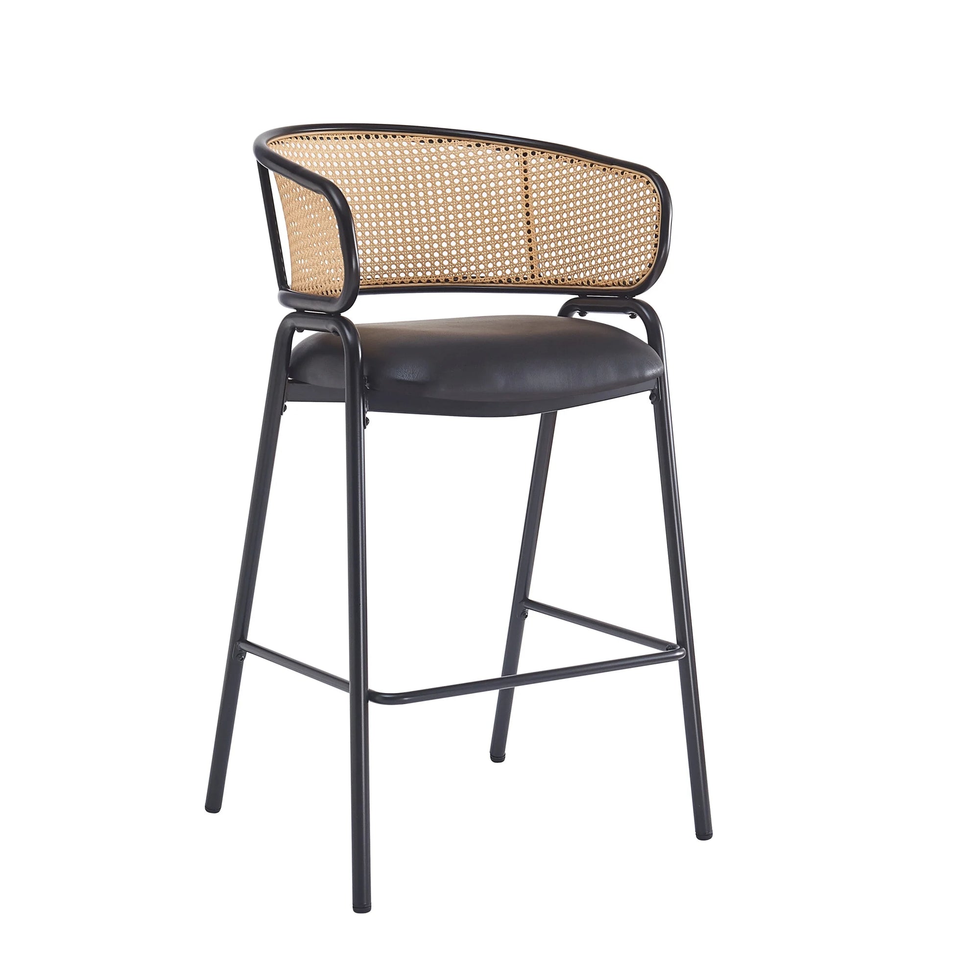 Christopher Knight Home 29.5" PU Upholstered Bar Stool with Woven Rattan Backrest & Iron Frame, Black, Set of 2