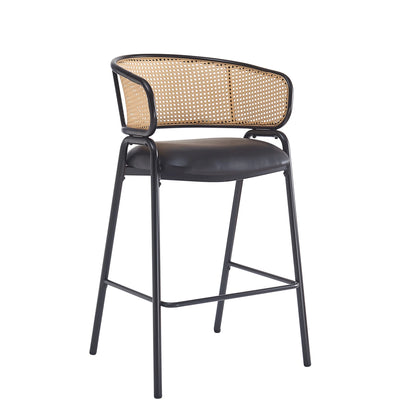 Christopher Knight Home 29.5" PU Upholstered Bar Stool with Woven Rattan Backrest & Iron Frame, Black, Set of 2
