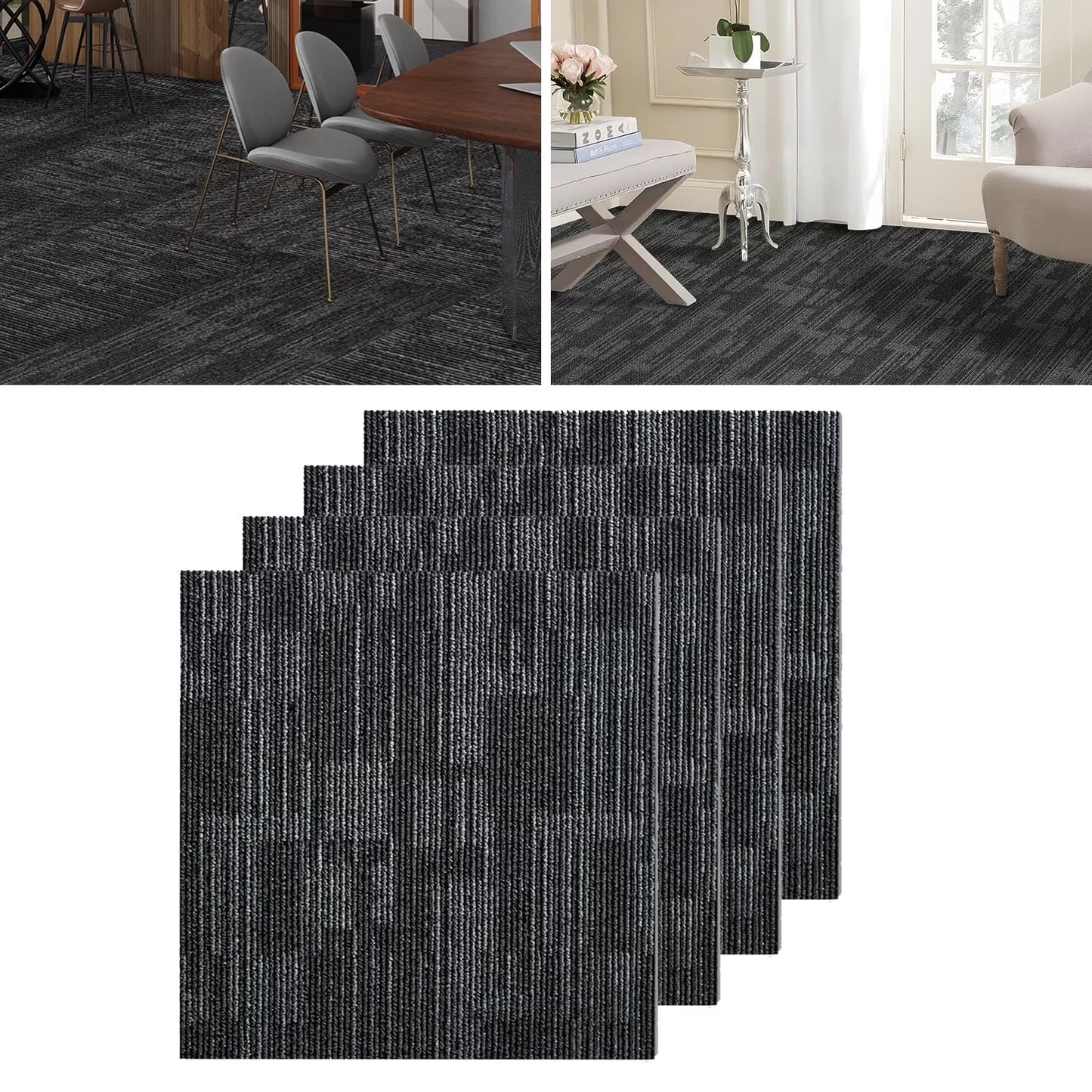 Fas Home Carpet Floor Tiles 24? x 24? Commercial Carpet Squares 18 Pcs Peel and Stick Non-Slip Office Soft Tiles DIY Installation for Living Room Bedroom Study Hotel, Dark Gray