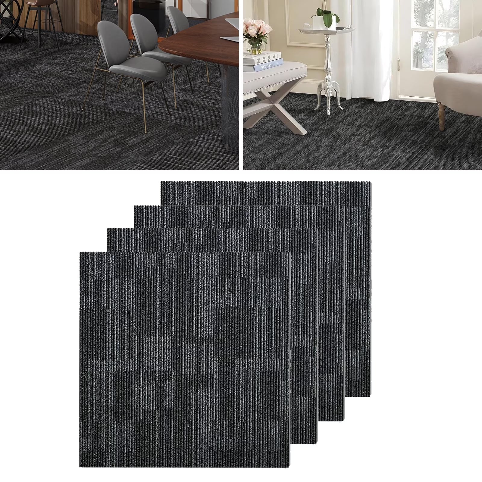 Fas Home Carpet Floor Tiles 24? x 24? Commercial Carpet Squares 18 Pcs Peel and Stick Non-Slip Office Soft Tiles DIY Installation for Living Room Bedroom Study Hotel, Dark Gray