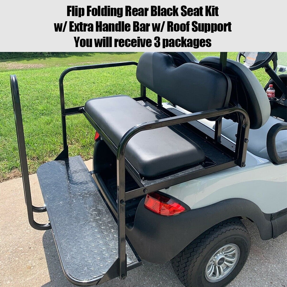 Kojem Flip Folding Rear Black Seat Kit for 2004-up Club Car Precedent Gas or Electric Models Golf Cart w/Extra Handle Bar w/Roof Support - 3 Packages & All Hardware