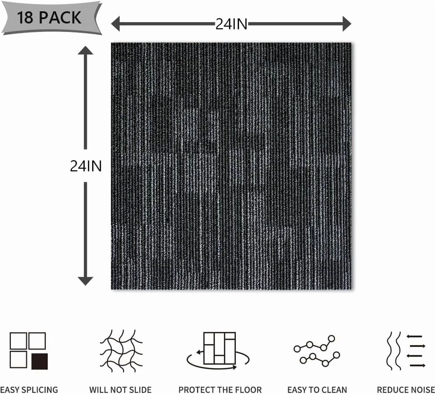 Fas Home Carpet Floor Tiles 24? x 24? Commercial Carpet Squares 18 Pcs Peel and Stick Non-Slip Office Soft Tiles DIY Installation for Living Room Bedroom Study Hotel, Dark Gray