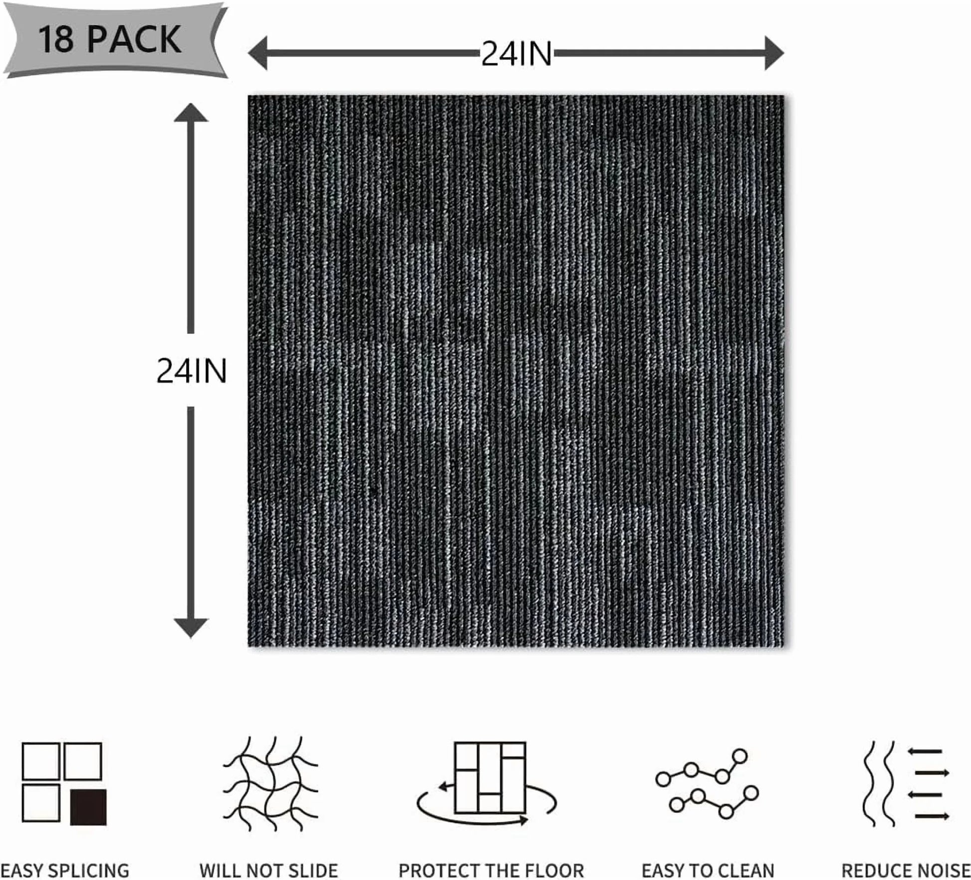 Fas Home Carpet Floor Tiles 24? x 24? Commercial Carpet Squares 18 Pcs Peel and Stick Non-Slip Office Soft Tiles DIY Installation for Living Room Bedroom Study Hotel, Dark Gray