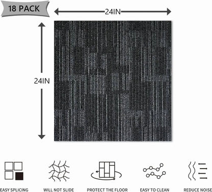 Fas Home Carpet Floor Tiles 24? x 24? Commercial Carpet Squares 18 Pcs Peel and Stick Non-Slip Office Soft Tiles DIY Installation for Living Room Bedroom Study Hotel, Dark Gray