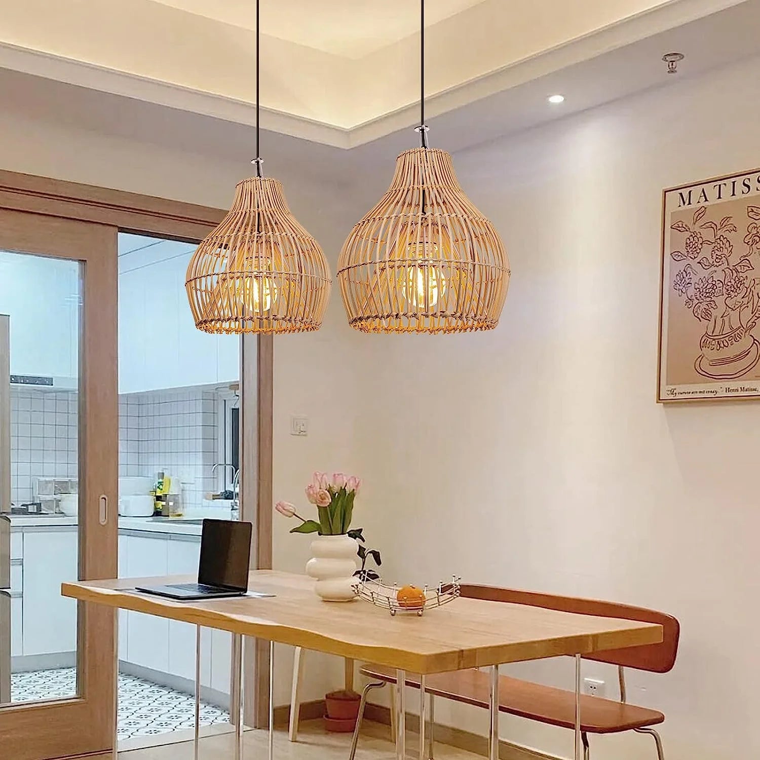 Arturesthome 1 Light Bohemian Pendant Light,Natural Rattan Materials Ceiling Chandelier Hanging Lamp Lighting Fixture for Hallway