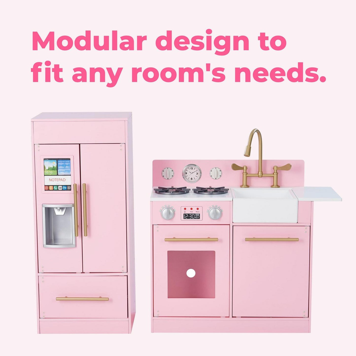 Teamson Kids Little Chef Charlotte Wooden Play Kitchen Set for Toddlers. Pretend Cooking Playset with Stove. Sink & Fridge. Pink/Gold
