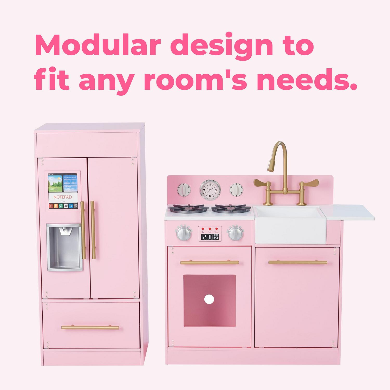 Teamson Kids Little Chef Charlotte Wooden Play Kitchen Set for Toddlers. Pretend Cooking Playset with Stove. Sink & Fridge. Pink/Gold