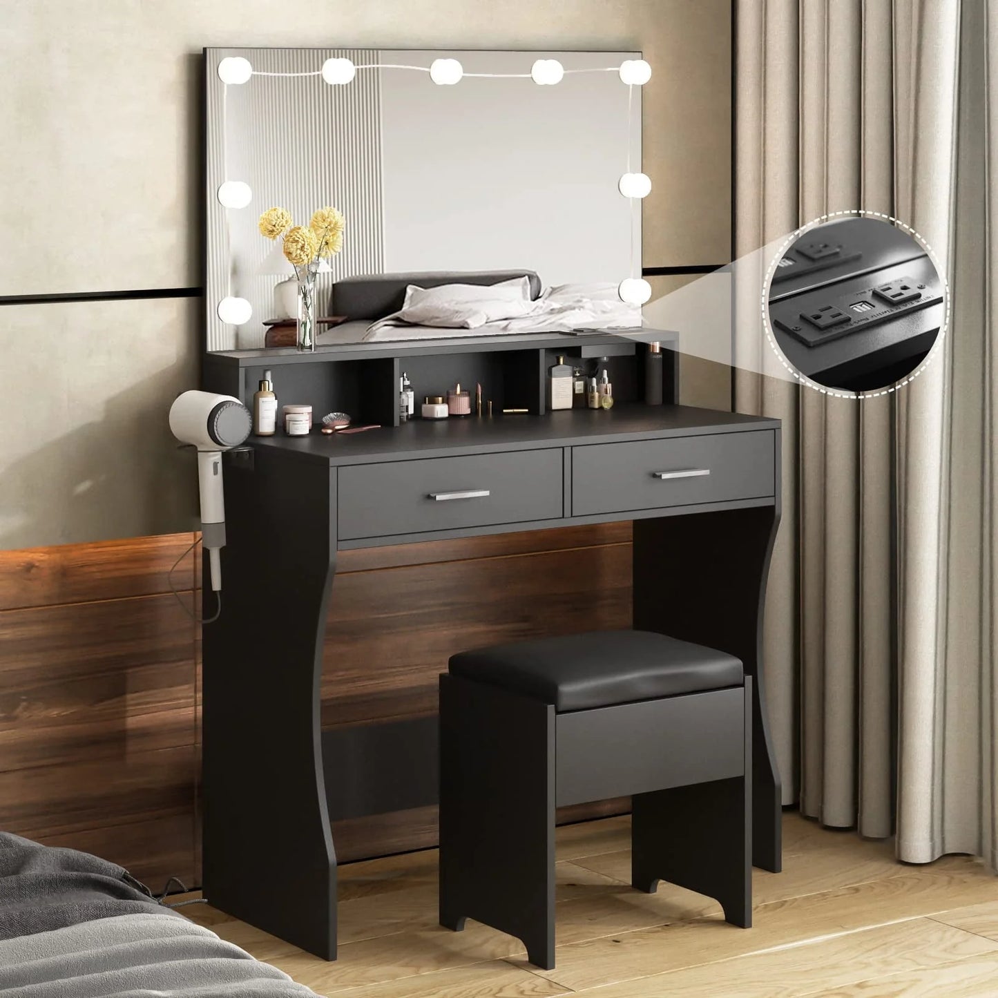 Veanerwood 31.5in Makeup Vanity Table with Lighted Mirror & Power Strip, Vanity Desk Set with Hair Dryer Holder, 3 Lighting Colors, White Finish