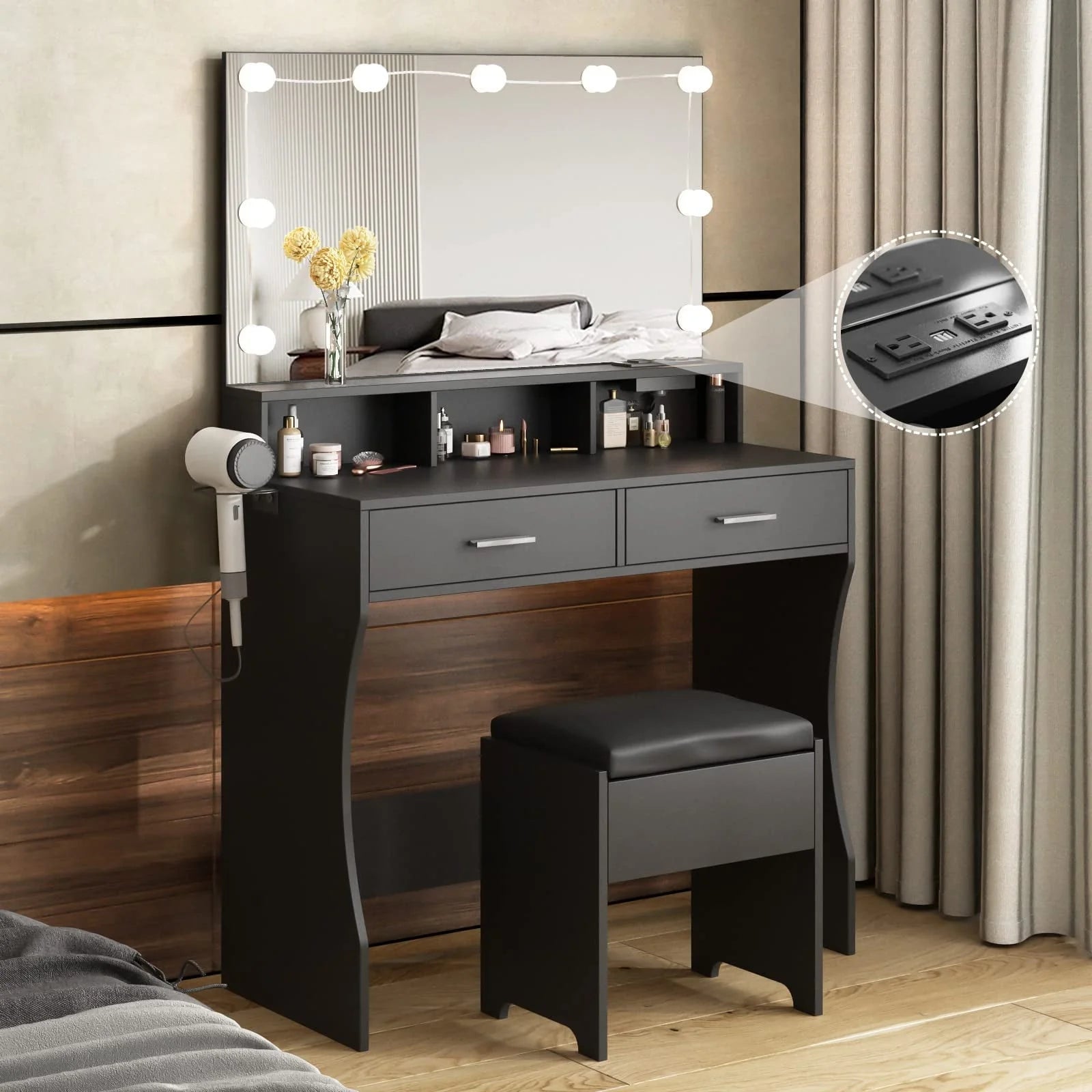 Veanerwood 31.5in Makeup Vanity Table with Lighted Mirror & Power Strip, Vanity Desk Set with Hair Dryer Holder, 3 Lighting Colors, White Finish