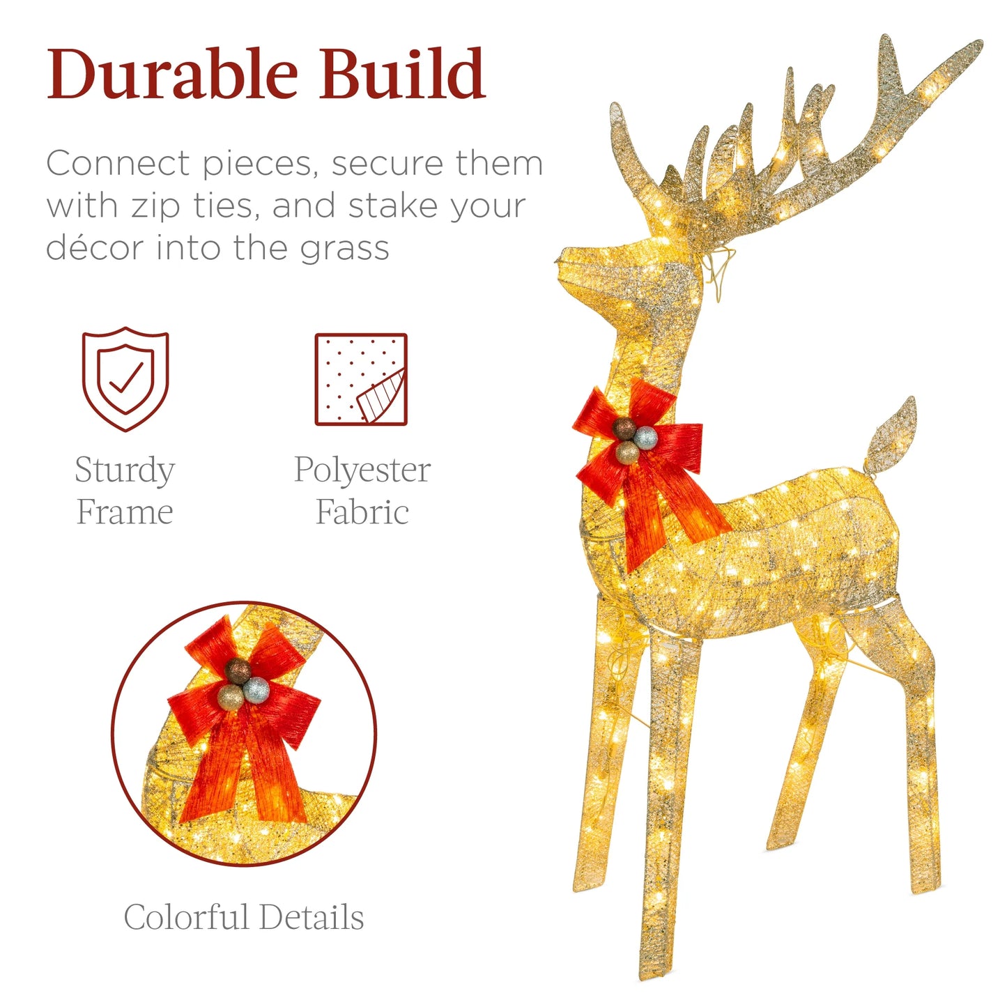Best Choice Products Lighted Christmas 4ft Reindeer & Sleigh Holiday Outdoor Decor Set w/205 LED Lights, Stakes - Gold