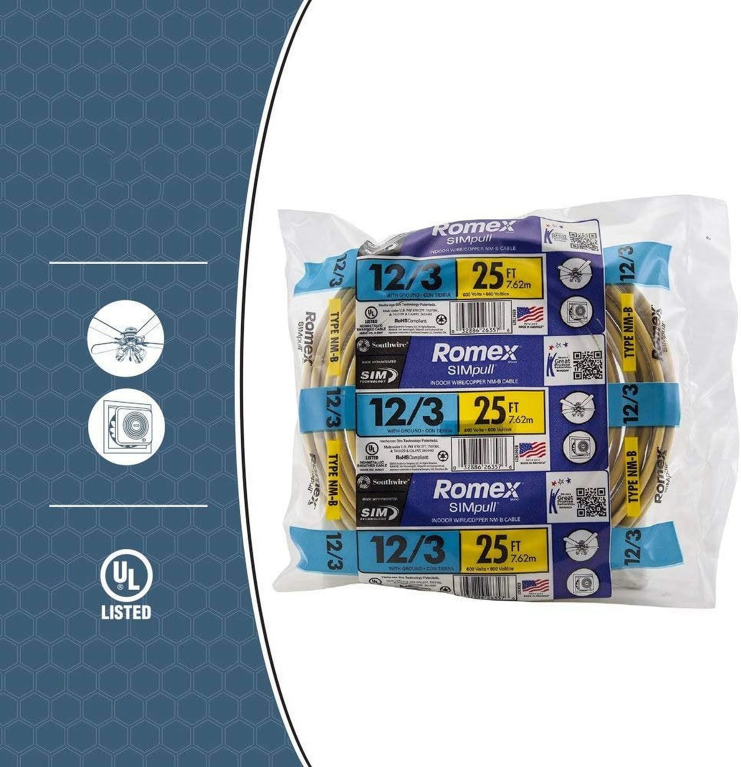 Southwire 63947628 100' 12/3 with ground Romex brand SIMpull residential indoor electrical wire type NM-B, Yellow