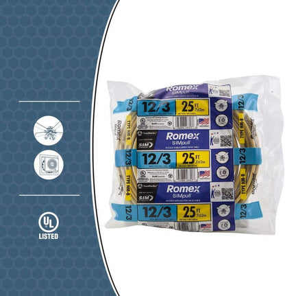 Southwire 63947628 100' 12/3 with ground Romex brand SIMpull residential indoor electrical wire type NM-B, Yellow