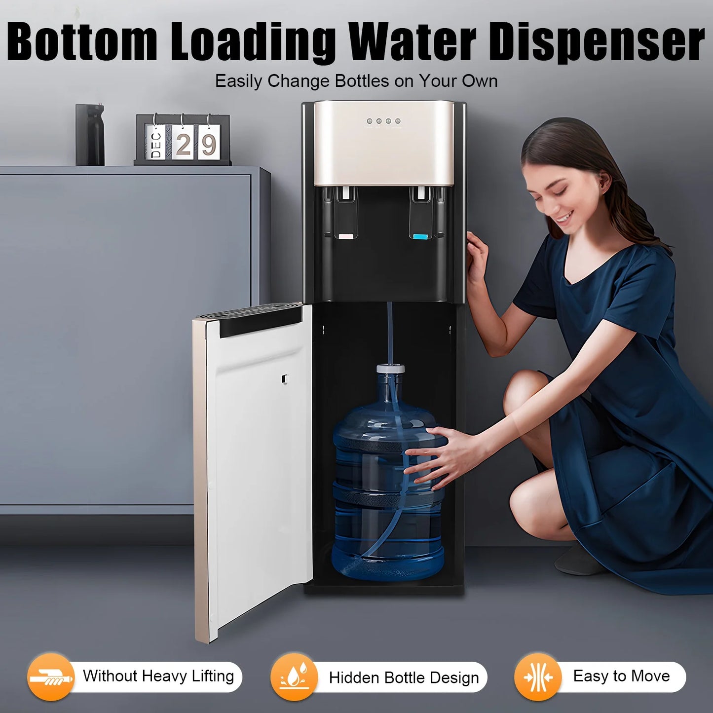 Bottom Loading Water Dispenser with Hot & Cold Water, 450W Heating, 70W Cooling, Stainless Steel Liner, Child-Safe, for Home & Office, Gold