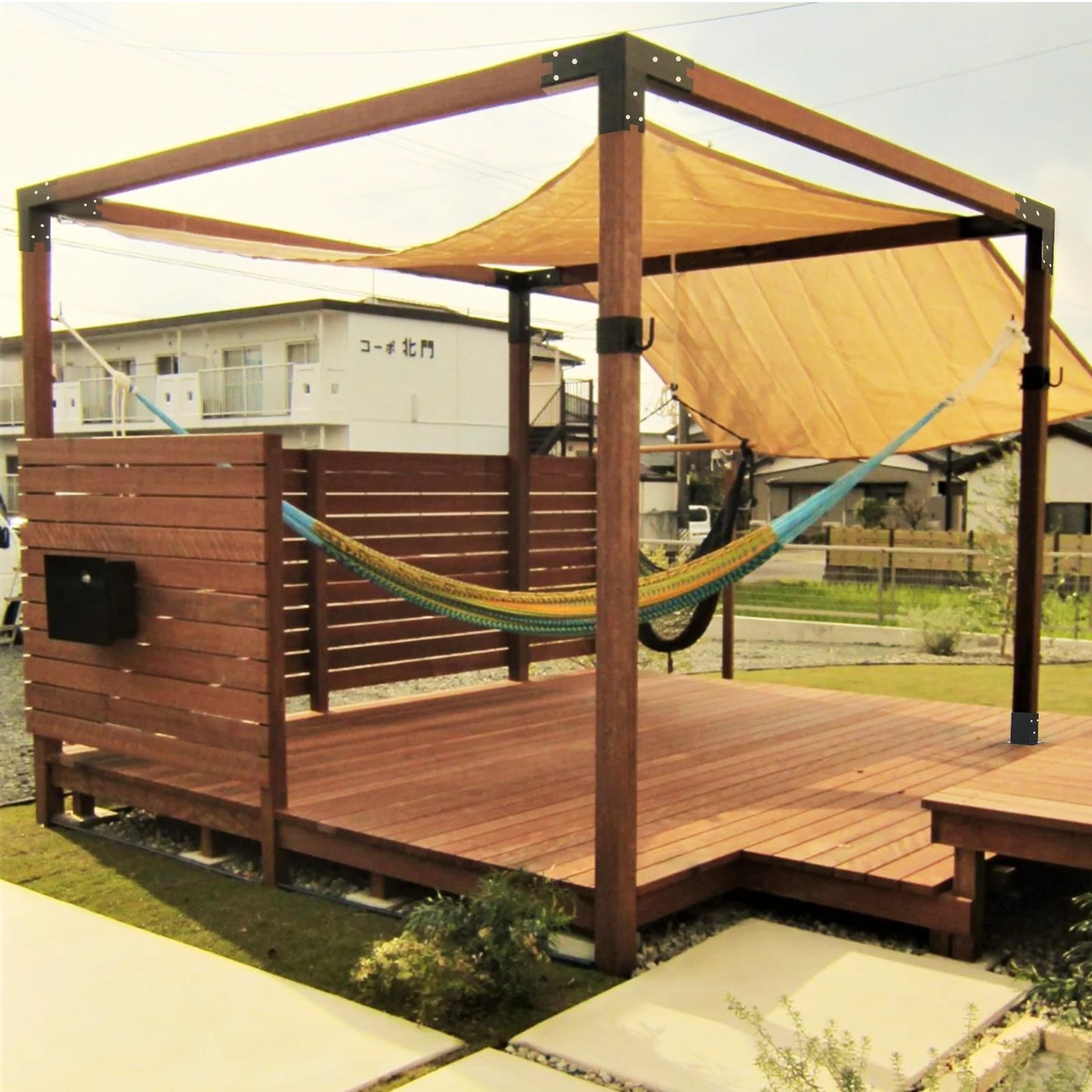Pergola Brackets 12 Gauge Heavy Duty Steel Modular Modern Outdoor Pergola Hardware Kit DIY Elevated Wood Stand kit Includes 4 Bracket Shoulders 4 Boots for 4x4 (Actual: 3.5x3.5 Inch)