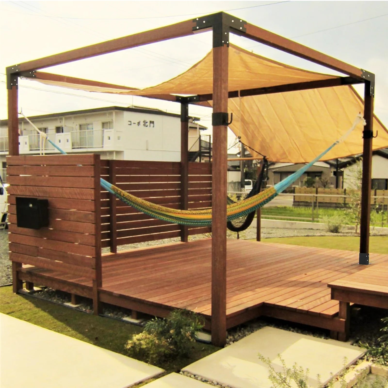 Pergola Brackets 12 Gauge Heavy Duty Steel Modular Modern Outdoor Pergola Hardware Kit DIY Elevated Wood Stand kit Includes 4 Bracket Shoulders 4 Boots for 4x4 (Actual: 3.5x3.5 Inch)