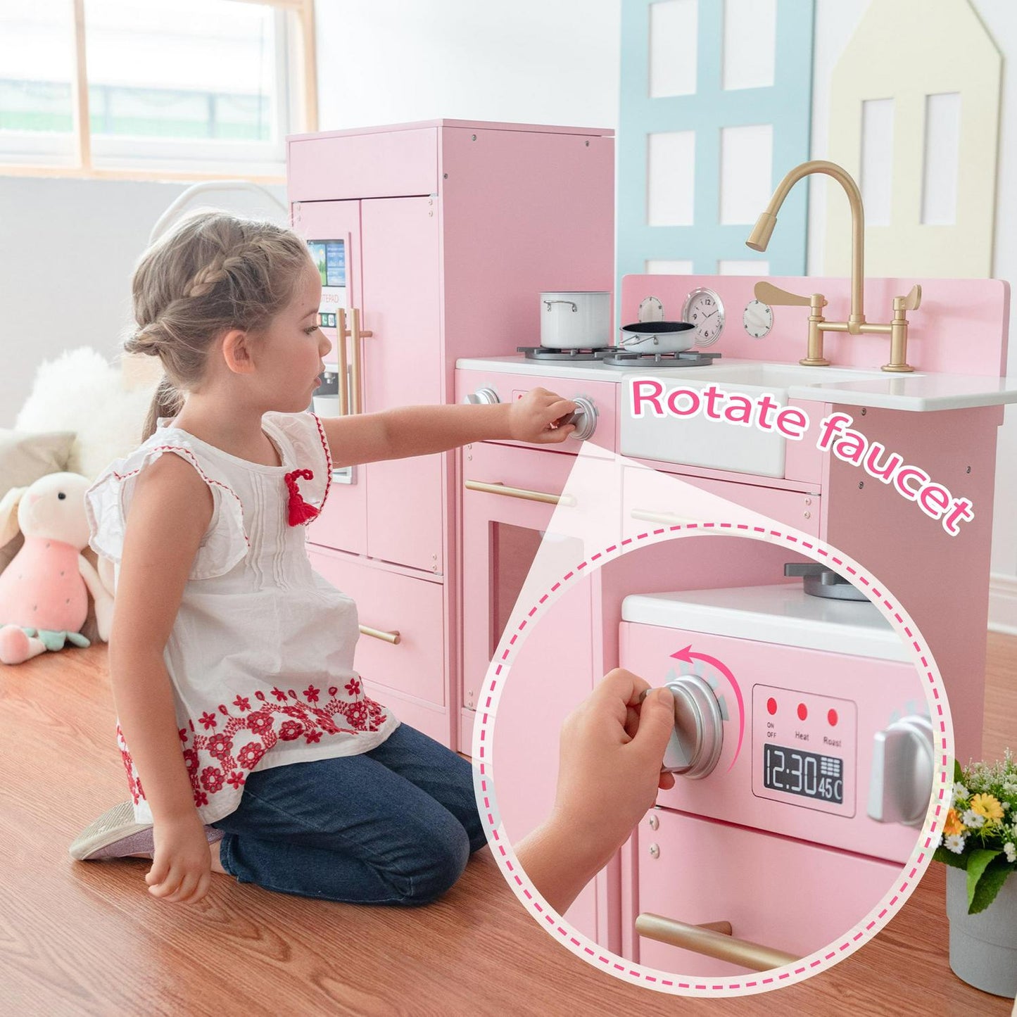 Teamson Kids Little Chef Charlotte Wooden Play Kitchen Set for Toddlers. Pretend Cooking Playset with Stove. Sink & Fridge. Pink/Gold