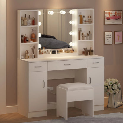Veanerwood Large Makeup Vanity Set with Lights, White Bedroom Makeup Vanity Table with Storage, 3 Adjustable Lighting Colors, Modern, 45.2in