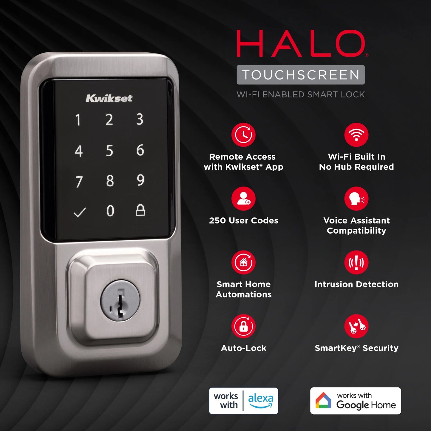 Kwikset Halo Touchscreen Wi-Fi Smart Deadbolt Hardware Lock with Smartkey Satin Nickel