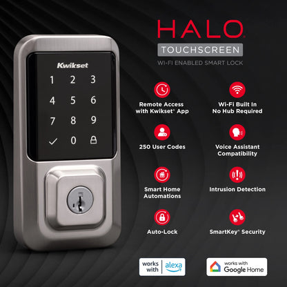 Kwikset Halo Touchscreen Wi-Fi Smart Deadbolt Hardware Lock with Smartkey Satin Nickel