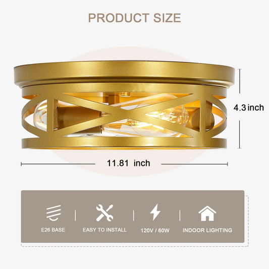 Gold Flush Mount Ceiling Light Fixture, 3-Lights Hallway Ceiling Lighting, Farmhouse Ceiling Mount Lights for Kitchen Entryway Bathroom - 2 Pack
