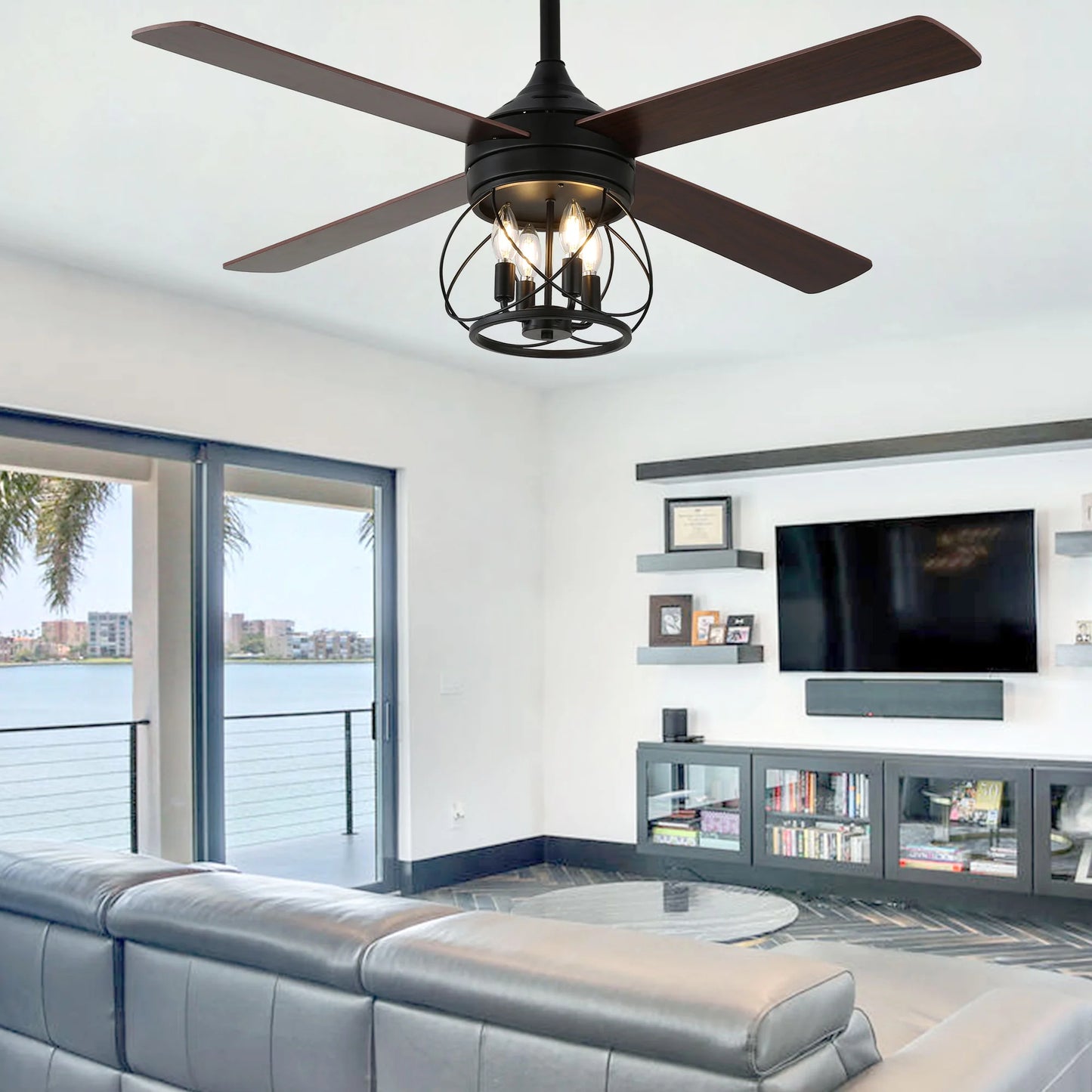 52" Farmhouse Ceiling Fan 4-Light Wood Lighting Reversible Blades with Light and Remote Control 6 Speed