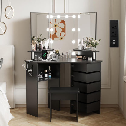 Ataucjin Makeup Vanity Desk With Lights Mirror & Power Outlet Corner Makeup Vanity Table With 5 Rotating Drawers Shelves And Stool 3 Color Lighting Makeup Table Bedroom Dressing Table
