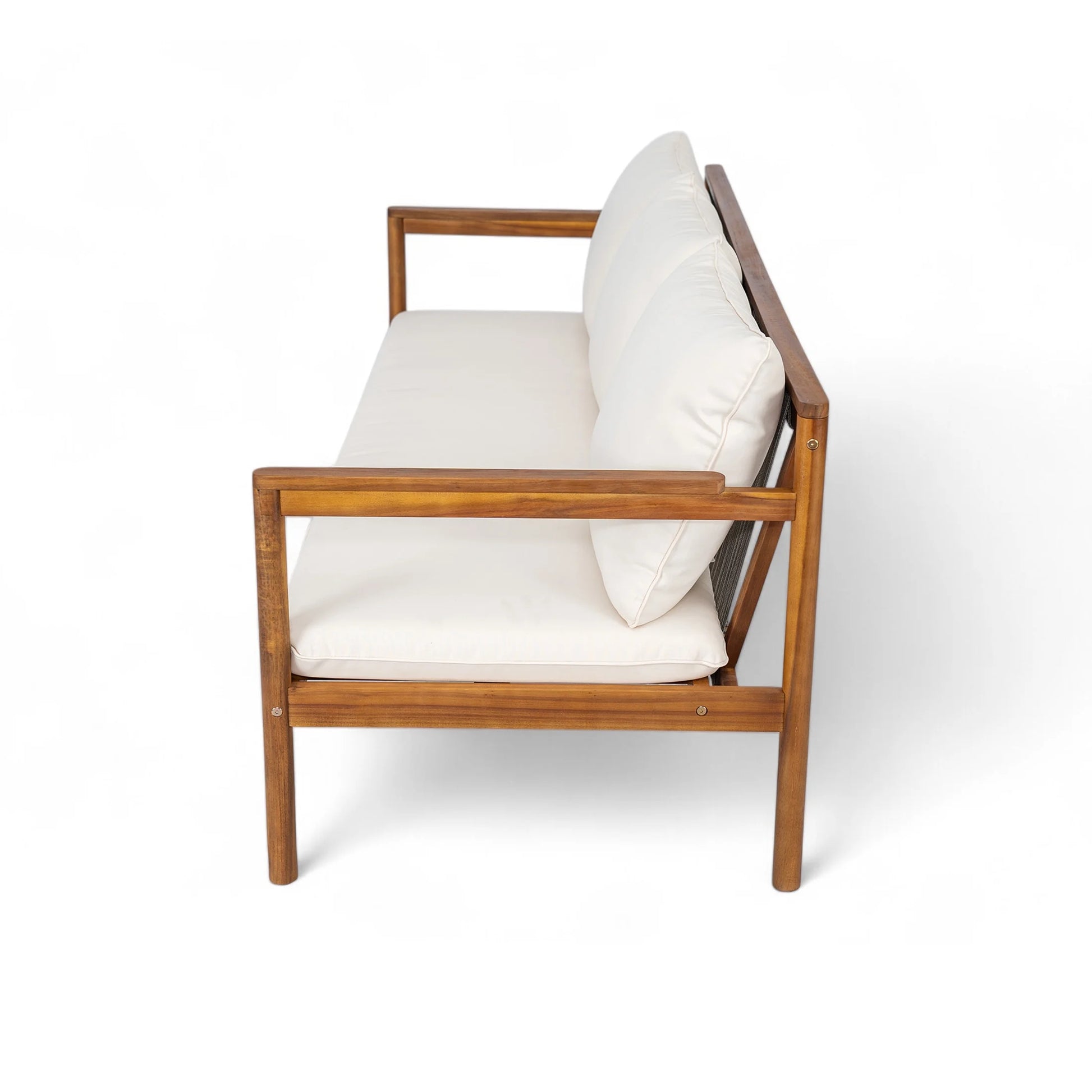 Christopher Knight Home Outdoor Patio 3-Seater Sofa with Rope Back and Cushions, Acacia Wood Frame, Cream+Teak