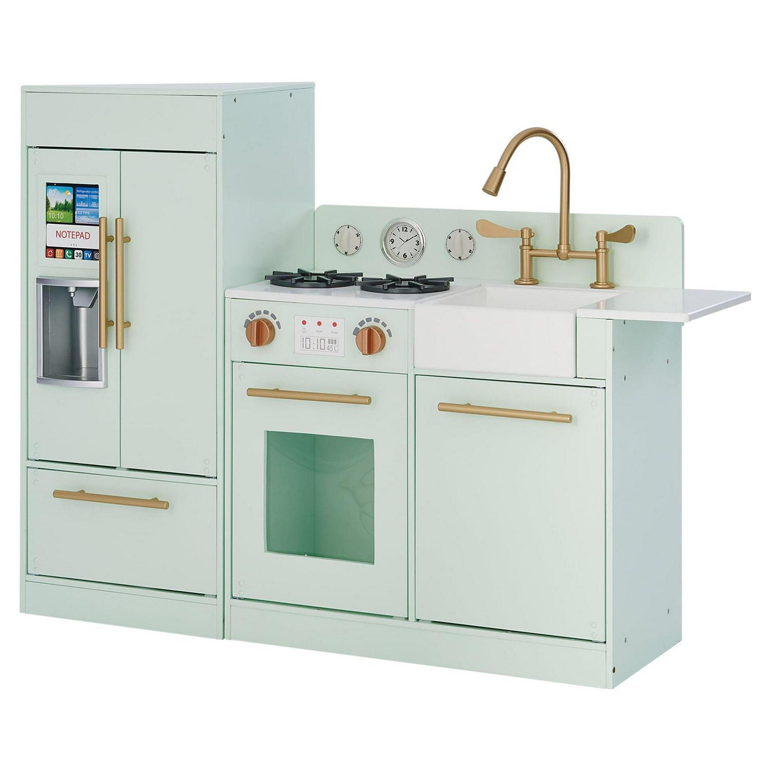 Teamson Kids Little Chef Charlotte Play Kitchen Set – Toddler Wooden Kitchen Playset with Stove. Sink & Refrigerator. Toy Cooking Set for Ages 1-7. Mint/Gold