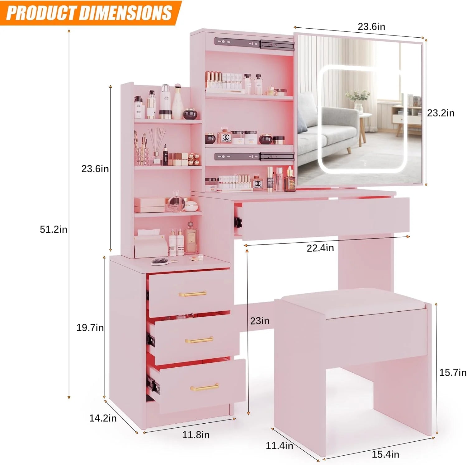 Vanity Desk with Sliding Mirror and Lights, Makeup Vanity Set with Power Outlet, 4 Drawers, Stool, Open Shelves, 3 Color Lighting Modes, Brightness Adjustable, Makeup Dressing Table for Bedroom