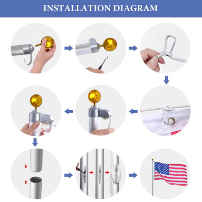 Yescom 20 Ft Aluminum Sectional Flagpole Kit 3'x5' US American Flag Gold Ball Kit Hardware Outdoor Garden Halyard Pole
