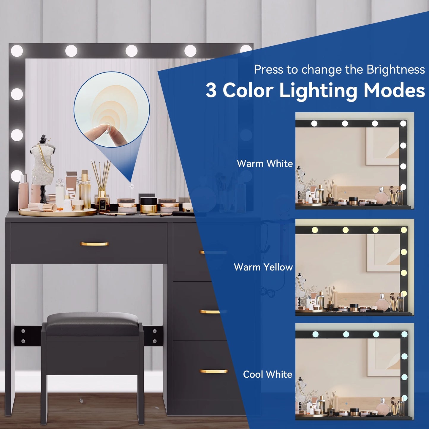 Dextrus Makeup Vanity Ensemble,Generously Sized Illuminated Mirror, Vanity Featuring Electrical Outlet, 3 Versatile Lighting Modes, Customizable Brightness, and 4 Storage Drawers for Women Girls