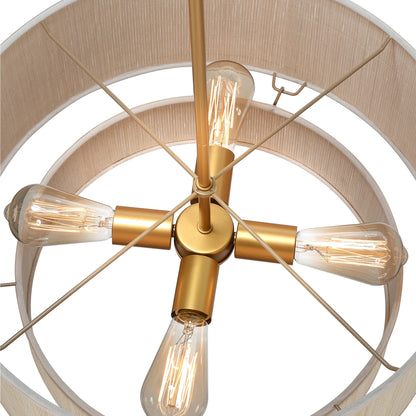 Prime Ray 20 in. 4-Light Natural Rattan Tiered Drum Pendant Chandelier Light with Gold Hardware