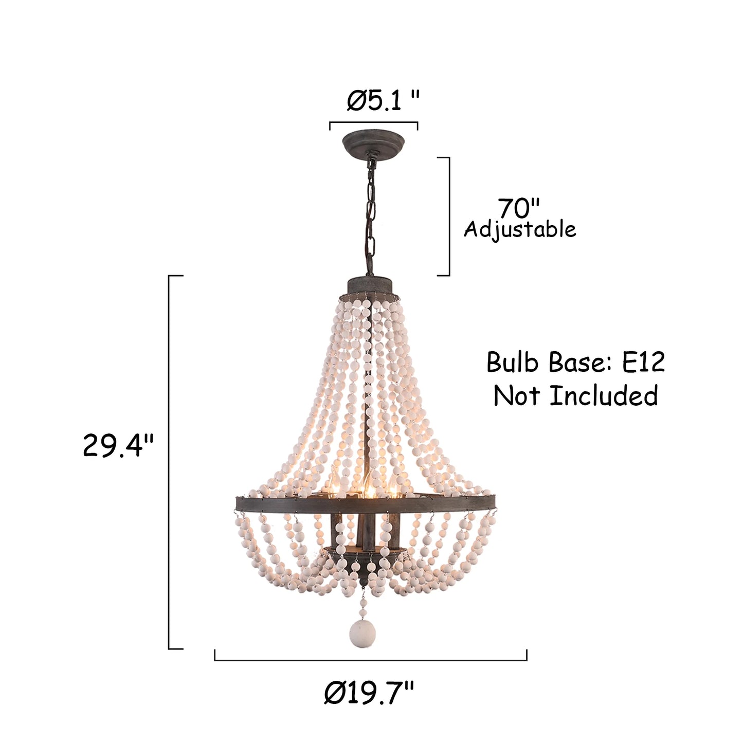 Oaks Aura 4-Light Farmhouse Wood Beaded Chandelier Adjustable Height Black Finish Boho Pendant Lighting