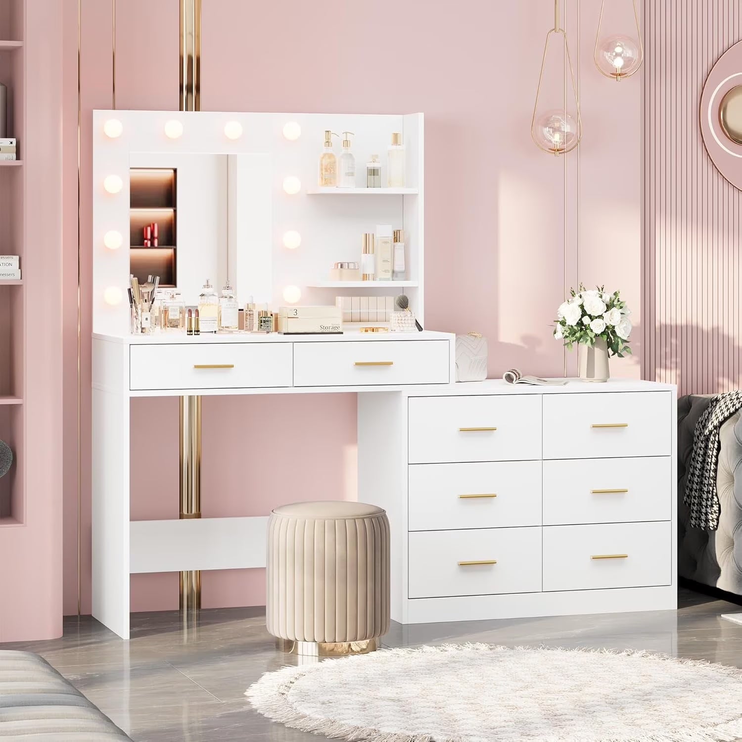 Garvee 61" White Makeup Vanity Desk with Mirror and Lights, Adjustable Brightness, 3 Lighting Modes, 8 Storage Drawers & 2 Open Shelves - Vanity Table for Bedroom