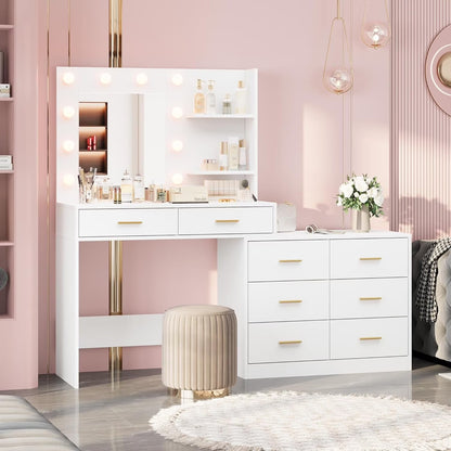 Garvee 61" White Makeup Vanity Desk with Mirror and Lights, Adjustable Brightness, 3 Lighting Modes, 8 Storage Drawers & 2 Open Shelves - Vanity Table for Bedroom
