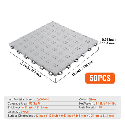 KFFKFF Garage Tiles 12x12 in 50 Piece Garage Floor Tiles Silver Interlocking