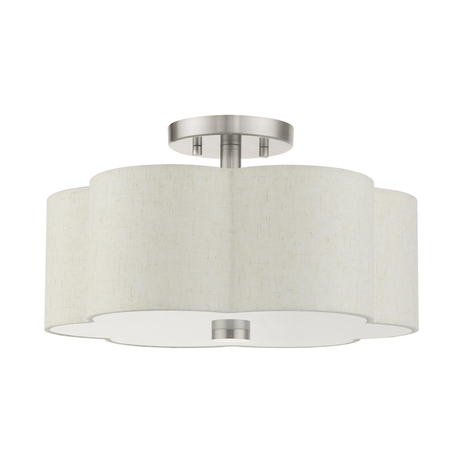 Livex Lighting Solstice 15" 3-Light Metal & Fabric Semi Flush in Brushed Nickel