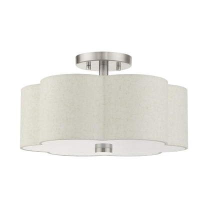 Livex Lighting Solstice 15" 3-Light Metal & Fabric Semi Flush in Brushed Nickel